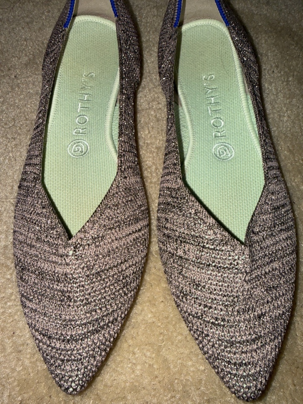 Rothy's The Point flats in the Stardust Metallic colorway size 9.5